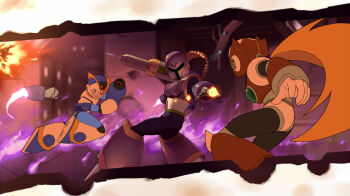 3boys android arm_cannon armor blonde_hair blue_gloves cannon chest_jewel clenched_teeth fiery_background fighting finger_gun fire first_armor_x_(mega_man) forehead_jewel full_body gloves green_eyes grey_gloves helmet holding jewelry long_hair may_(nicoseiga_32709921) mega_man_(series) mega_man_maverick_hunter_x mega_man_x_(series) multiple_boys ponytail purple_armor purple_helmet red_armor red_helmet robot robot_ears rocket_punch shoulder_armor shoulder_cannon standing teeth very_long_hair vile_(mega_man) weapon white_armor white_gloves white_helmet x_(mega_man) zero_(mega_man)