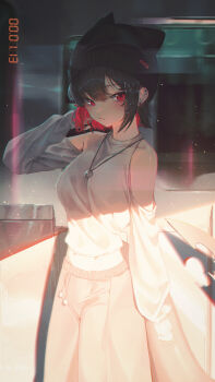 1girl absurdres alternate_costume beanie black_hair black_hat blush breasts closed_mouth clothing_cutout commentary domi_(hongsung0819) ear_piercing ellen_joe english_commentary fins fish_tail grey_shirt hand_up hat highres jewelry light_particles looking_at_viewer medium_breasts midriff necklace pants piercing red_eyes revision shark_girl shark_tail shirt shoulder_cutout solo sweatpants tail train zenless_zone_zero