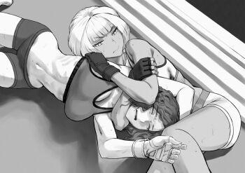2girls catfight commission fainting fighting monochrome multiple_girls pixiv_commission rggr tagme wrestling wrestling_ring