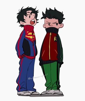 Rule 34 | 2boys, batman (series), black hair, damian wayne, dc comics, green pants, hands in pockets, highres, hokkemaruyaki, jacket, jitome, jonathan kent, looking to the side, male focus, multiple boys, open mouth, pants, shoes, short hair, sideways glance, simple background, sleeves past wrists, sneakers, standing, striped clothes, striped pants, super sons, superman (series), superman logo, teeth, track pants, twitter username, upper teeth only, v-shaped eyebrows, vertical-striped clothes, vertical-striped pants, white background, white shoes, zipper, zipper pull tab
