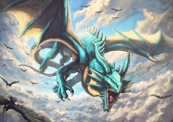 bird claws cloud crow dragon fantasy flying highres horns monster no_humans open_mouth original outdoors robuja scales sharp_teeth sky tail teeth western_dragon wings