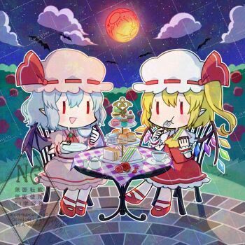 2girls adversarial_noise alto2019 ascot bat_(animal) bat_wings blonde_hair blue_hair chibi chibi_only cloud commentary_request crystal crystal_wings cup cupcake eating flandre_scarlet food full_moon hat hat_ribbon holding holding_cup holding_food holding_saucer macaron mob_cap moon multicolored_wings multiple_girls night one_side_up outdoors pink_hat pink_shirt pink_skirt red_ascot red_eyes red_moon red_skirt red_vest remilia_scarlet ribbon sample_watermark sandwich saucer shirt siblings signature sisters sitting skirt skirt_set sky tea teacup tiered_tray touhou vest watermark watermark_grid white_hat wings wrist_cuffs yellow_ascot