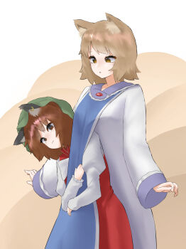 2girls :o :| absurdres animal_ear_fluff animal_earrings animal_ears blonde_hair blue_tabard brown_hair cat_ears chen closed_mouth commentary dress fox_ears fox_tail green_hat hat head_tilt highres hugging_clothes juliet_sleeves kitsune kyuubi long_sleeves looking_at_another looking_at_viewer mob_cap mori_dobonua_(mordvna) multiple_girls multiple_tails no_headwear no_tail orange_dress puffy_sleeves shirt short_hair tabard tail touhou white_dress white_shirt yakumo_ran