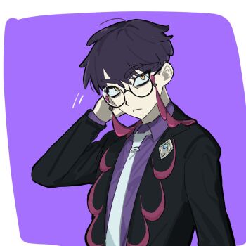 1boy :&lt; arm_up black_coat closed_mouth coat collared_shirt corbeau_(pokemon) frown glasses hair_down highres imo24005 lapels layered_sleeves looking_to_the_side male_focus motion_lines necktie nintendo open_clothes open_coat pokemon pokemon_legends:_z-a purple_hair purple_shirt round_eyewear rubbing_head sanpaku shirt short_hair sideways_glance slit_pupils solo tassel white_necktie wing_collar yellow_eyes