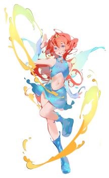 1girl bare_shoulders bloom_(winx_club) blue_arm_warmers blue_boots blue_eyes blue_shirt blue_skirt blue_wings boots chest_jewel commentary crop_top dot_nose eivi_002 english_commentary eyelashes fairy fairy_wings fire full_body gem gold_tiara grin hair_between_eyes hand_up highres knees leg_up lips long_hair magical_girl midriff miniskirt navel orange_hair pink_lips pyrokinesis shirt simple_background skirt skirt_set sleeveless sleeveless_shirt smile solo turtleneck turtleneck_shirt very_long_hair white_background wings winx_club yellow_gemstone