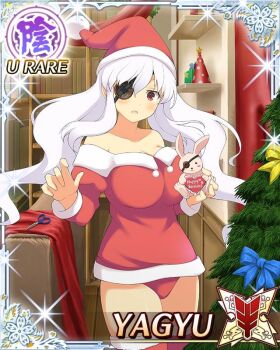 1girl :o alternate_hairstyle birthday border breasts card_(medium) character_name christmas_tree cleavage dress eyepatch fur-trimmed_dress fur-trimmed_headwear fur_trim game_cg hat indoors large_breasts long_hair looking_at_viewer official_art party_hat red_dress red_eyes red_hat red_thighhighs santa_costume santa_dress santa_hat senran_kagura senran_kagura_new_wave solo stuffed_animal stuffed_rabbit stuffed_toy thighhighs third-party_source twintails unworn_headwear very_long_hair wavy_hair white_hair yagyu_(senran_kagura)