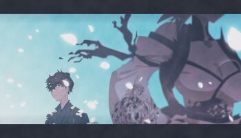 Rule 34 | 1boy, 1girl, absurdres, adoptive parent and adoptive child, awapontasu, blurry, breasts, brown hair, cleavage, commentary request, depth of field, detached sleeves, expressionless, fate/samurai remnant, fate (series), folded ponytail, hair over one eye, hands on own hips, head out of frame, highres, large breasts, letterboxed, magatama, miyamoto iori (fate), miyamoto musashi (fate), miyamoto musashi (woman of niten ichiryuu) (fate), mother and son, obi, petals, sash, signature