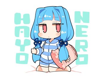 Rule 34 | 1girl, barefoot, blue hair, blue pajamas, blue shirt, blue shorts, blunt bangs, blush, chibi, chibi only, closed mouth, full body, ini (inunabe00), jitome, kneeling, kotonoha aoi, long hair, long sleeves, pajamas, pillow, pink eyes, shirt, shorts, simple background, solo, striped clothes, striped pajamas, voiceroid, white background