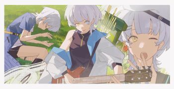 1girl bang_dream! bang_dream!_it&#039;s_mygo!!!!! black_shirt black_shorts blue_eyes ear_piercing electric_guitar fishnet_thighhighs fishnets food grass guitar hair_ornament hairclip hat heterochromia highres holding holding_guitar holding_instrument instrument jacket kaname_raana lying matcha_(food) matcha_parfait multiple_views on_side open_mouth parallel_hairclips piercing pocky shirt short_hair shorts single_thighhigh sleeping thighhighs three-quarter_sleeves tongue tongue_out toumeiii white_hair white_hat white_jacket yawning yellow_eyes