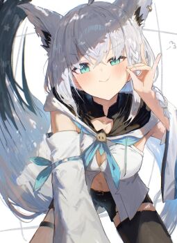 1girl animal_ears aqua_eyes black_shorts blush closed_mouth detached_sleeves fox_ears fox_girl fox_shadow_puppet fox_tail grey_hair highres hololive hood hoodie kouchanthree long_hair looking_at_viewer navel shirakami_fubuki shirakami_fubuki_(1st_costume) shorts smile solo tail thigh_strap virtual_youtuber white_hoodie white_sleeves
