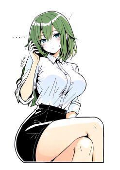 1girl black_skirt blue_eyes blush breasts cellphone closed_mouth commentary crossed_legs english_commentary green_hair hair_between_eyes hibarakirari high-waist_skirt highres holding holding_phone large_breasts long_hair looking_at_viewer mole mole_under_eye phone shirt simple_background sitting skirt sleeves_rolled_up solo venus_(zenless_zone_zero) white_background white_shirt zenless_zone_zero zzz