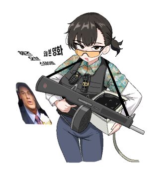 1boy 1girl aa-12 bing_chilling_(meme) breasts brown_eyes brown_hair bulletproof_vest car_interior character_request cocktiel77 commentary_request cropped_legs crt denim finger_on_trigger food gun gun_sling hawaiian_shirt holding holding_food holding_gun holding_ice_cream holding_monitor holding_weapon ice_cream ice_cream_cone jeans john_cena korean_commentary korean_text m26_grenade m84_stun-grenade magazine_(weapon) medium_breasts medium_hair meme one_side_up open_mouth original pants shirt shotgun simple_background smile standing sunglasses tinted_eyewear waffle_cone weapon white_background white_shirt wwe yellow-tinted_eyewear