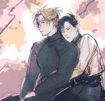 2boys arms_around_waist black_hair black_pants black_shirt blonde_hair blue_eyes blush breeze_paro brown_eyes closed_mouth commentary cropped_shirt curtained_hair dimitri_alexandre_blaiddyd dimitri_alexandre_blaiddyd_(timeskip) eyepatch felix_hugo_fraldarius felix_hugo_fraldarius_(timeskip) fire_emblem fire_emblem:_three_houses head_rest long_sleeves male_focus multiple_boys nintendo one_eye_closed outdoors pants parted_lips shirt sitting sketch tree turtleneck white_shirt yaoi