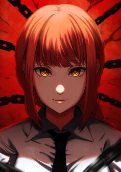 1girl black_necktie braid braided_ponytail chain chainsaw_man closed_mouth collared_shirt commentary_request film_grain fmg highres long_hair looking_at_viewer makima_(chainsaw_man) necktie orange_hair portrait red_theme ringed_eyes shirt sidelocks smile solo white_shirt yellow_eyes