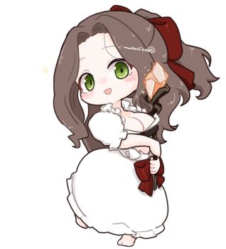 1girl :d barefoot blush breasts brown_hair chibi chibi_only cleavage commentary forehead frilled_shirt frills full_body green_eyes holding holding_staff large_breasts long_hair long_skirt looking_at_viewer mage_staff olto_rondo open_mouth original plaid_clothes plaid_skirt shirt short_sleeves simple_background skirt smile solo staff symbol-only_commentary white_background white_shirt