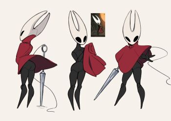 1girl arthropod_girl ass black_eyes black_skin cloak colored_skin commentary dkajart english_commentary game_screenshot_inset highres hollow_knight hollow_knight:_silksong hornet_(hollow_knight) horns multiple_views needle_(hollow_knight) red_cloak simple_background standing string white_background
