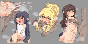 1boy 3girls aftersex arulumaya bar_censor basukechi censored cum cum_in_pussy female_ejaculation granblue_fantasy grey_background highres huge_penis loli lunalu_(granblue_fantasy) melissabelle multiple_girls penis penis_awe pointy_ears tagme veins veiny_penis