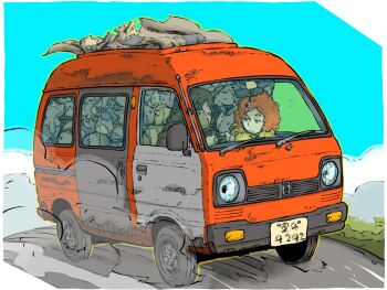 1boy 1girl blue_sky cat day highres license_plate looking_at_another medium_hair motor_vehicle orange_hair original road sky van vehicle_focus yabarn