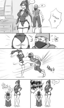 1boy 1girl ball_busting comic covered_erect_nipples crotch_kick greyscale heart heart-shaped_pupils highres kicking lara_croft leotard monochrome ocigart symbol-shaped_pupils x-ray