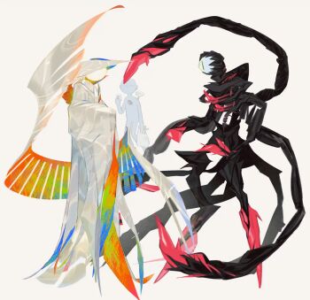 Rule 34 | 1boy, 2others, armor, bag, black armor, black skin, claws, cloak, colored sclera, colored skin, commentary, dharkon, dress, faceless, full body, galeem, highres, holding, japanese clothes, kimono, monster, multiple boys, multiple others, multiple wings, no eyes, one-eyed, personification, plastic bag, shopping bag, shoulder spikes, simple background, slit pupils, spikes, standing, tentacles, two-sided fabric, u l aa, white background, white cloak, white dress, wide sleeves, winged arms, wings, yellow eyes