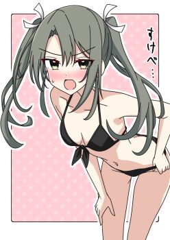1girl bikini black_bikini blush breasts commentary_request feet_out_of_frame front-tie_bikini_top front-tie_top green_eyes grey_hair hand_on_own_thigh highres kantai_collection leaning_forward motti_(motthi0711) nose_blush pink_background polka_dot polka_dot_background small_breasts solo swimsuit twintails zuikaku_(kancolle) zuikaku_(swimsuit)_(kancolle)