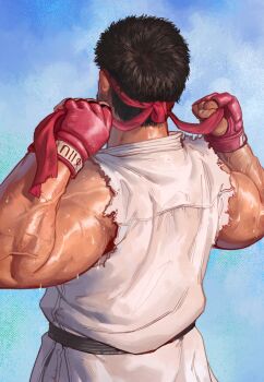 1boy absurdres arms_up brown_hair commentary dougi english_commentary fingerless_gloves from_behind gloves headband highres luisarts15 male_focus muscular muscular_male red_gloves red_headband ryu_(street_fighter) short_hair sleeveless solo street_fighter sweat torn_clothes torn_sleeves twitter_username tying_headband veins white_dougi