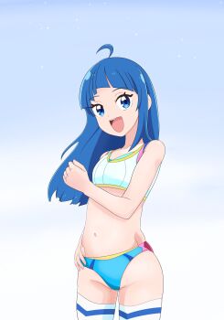 1girl :d absurdres ahoge bikini blue_bikini blue_hair clenched_hand commentary cowboy_shot cut_bangs hand_on_own_hip highres hirogaru_sky!_precure long_hair looking_at_viewer medium_hair mismatched_bikini navel open_mouth precure pururun_z smile solo sora_harewataru standing swimsuit thighhighs white_bikini white_thighhighs