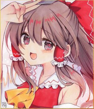 Rule 34 | 1girl, :d, arm up, armpit crease, ascot, blush, bow, brown eyes, brown hair, collared shirt, commentary request, detached sleeves, frilled bow, frilled hair tubes, frills, hair bow, hair tubes, hakurei reimu, half updo, highres, hoshi tea party, looking at viewer, open mouth, photo (medium), portrait, red bow, red shirt, shirt, signature, sleeveless, sleeveless shirt, sleeves pushed up, smile, solo, touhou, traditional media, v, white sleeves, wide sleeves, yellow ascot