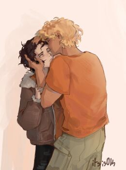 2boys :t absurdres black_hair blonde_hair brown_jacket closed_eyes commentary cowboy_shot curly_hair english_commentary fur_trim hand_on_another's_arm hand_on_another's_head hand_up highres itsis0k jacket kiss looking_at_another male_focus multiple_boys one_eye_closed percy_jackson_and_the_olympians pout short_hair smile yaoi
