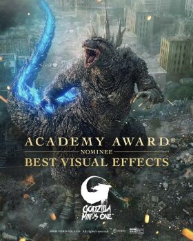 3d the_academy_awards building city claws day debris destruction dinosaur dust embers english_text epic facial_scar fire from_above from_behind giant giant_monster glowing glowing_spikes godzilla godzilla_(series) godzilla_minus_one highres hollywood kaiju logo looking_at_viewer looking_up monster no_humans official_art open_mouth otani_kimito power_lines promotional_art rubble ruins scar scar_on_cheek scar_on_face sea_monster sharp_teeth smoke spikes tail teeth toho