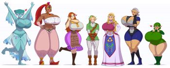 Rule 34 | 1boy, 6+girls, absurdres, barefoot, blonde hair, blue eyes, blush, boots, breasts, bulge, cleavage, curvy, dark-skinned female, dark skin, deztyle, earrings, elbow gloves, erection, erection under clothes, eyeshadow, fingerless gloves, fish girl, full body, gerudo, gigantic breasts, gloves, green hair, grey hair, heart, height chart, height difference, highres, huge breasts, impa, jewelry, knee boots, kokiri, licking lips, link, lipstick, long hair, makeup, malon, multiple girls, muscular, muscular female, nabooru, nail polish, navel, nintendo, one eye closed, orange hair, parted lips, pointy ears, pointy footwear, ponytail, princess ruto, princess zelda, purple eyes, red eyes, red hair, saria (zelda), short hair, shortstack, standing, strapless, tall female, the legend of zelda, the legend of zelda: ocarina of time, thick thighs, thighs, tongue, tongue out, tube top, underboob, wide hips, yellow eyes, zora