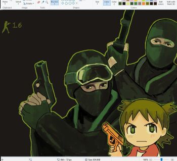 1girl 2boys arrow_(symbol) art_program_in_frame balaclava black_eyes black_jacket blush brown_background closed_mouth commentary commission counter-strike counter-strike_(series) covered_mouth english_commentary english_text fingerless_gloves gloves green_eyes green_gloves green_hair green_outline gun handgun holding holding_gun holding_weapon icon_(computing) jacket koiwai_yotsuba long_sleeves looking_at_viewer looking_up microsoft_paint_(medium) microsoft_paint_(software) multiple_boys no_nose outline parody red_shirt serious shirt short_hair shotgun simple_background t-shirt unfinished upper_body user_interface weapon yotsubato! zukii3_mii_(mizumolasses)