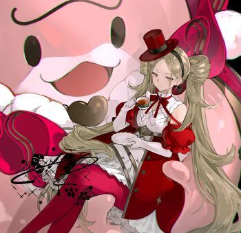 1girl absurdres animal bare_shoulders black_hairband blonde_hair bow bowtie brooch carrying carrying_person chinese_commentary closed_mouth clothed_animal commission creature crossed_legs cup dress earrings elbow_gloves empire_waist feet_out_of_frame floating_earrings freeze_(867139) gem gloves hair_rings hairband hat heart heart_brooch highres holding holding_cup holding_saucer jewelry light_smile long_hair looking_at_viewer medium_dress mini_hat mini_top_hat neck_ruff original overskirt pantyhose parted_bangs pink_eyes pink_gemstone pink_pantyhose puffy_short_sleeves puffy_sleeves red_bow red_bowtie red_hat red_skirt red_sleeves saucer short_sleeves sideways_glance sitting skirt solo tea teacup tilted_headwear top_hat twintails very_long_hair watermark white_dress white_gloves