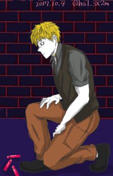 1boy bags_under_eyes black_shoes black_vest blonde_hair brick_wall brown_pants bullet bullets casual choker closed_mouth collar collarbone collared_shirt colored_skin dated expressionless formal_clothes from_side frown full_body grey_eyes grey_shirt hand_on_own_knee hand_on_own_thigh hands_on_own_thighs highres indoors jitome kimi_ga_shine knee_up kneeling leaning_forward looking_down male_focus on_one_knee pale-skinned pale-skinned-male pale_skin pants parted_lips photoshop_(medium) pocket purple_background sanpaku shadow shinogi_keiji shirt shoes short_hair short_sleeves sleeves_pushed_up sleeves_rolled_up solo spiked_hair squatting suit thigh_pocket toned toned_male twitter_username vest waistcoat weapon white_skin wing_collar