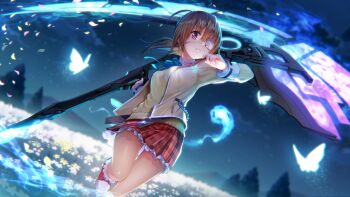 Rule 34 | 1girl, aura, blue background, blue butterfly, blue ribbon, blunt bangs, blurry, blurry background, breasts, brown hair, bug, butterfly, clenched hand, closed mouth, commentary, cross-laced shoes, dutch angle, english commentary, eyelashes, eyepatch, eyes visible through hair, field, fighting stance, floating hair, flower, flower field, foot out of frame, frilled skirt, frilled socks, frills, glint, glowing, glowing butterfly, glowing weapon, hair between eyes, hands up, heaven burns red, highres, hiiragi kozue, hitodama, holding, holding scythe, holding weapon, incoming attack, insect, jacket, light particles, looking at viewer, medical eyepatch, medium breasts, medium hair, miniskirt, neck ribbon, night, official art, one eye covered, open clothes, open jacket, outdoors, plaid clothes, plaid skirt, pleated skirt, purple eyes, purple pupils, red shoes, red skirt, ribbon, scenery, scythe, serious, shoes, skirt, sky, sneakers, socks, solo, standing, standing on one leg, sweater vest, tareme, thighs, third-party source, upskirt, v-shaped eyebrows, weapon, white flower, white socks, yellow flower, yellow jacket, yellow sweater vest