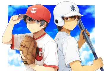 2boys alternate_eye_color back-to-back baseball_bat baseball_cap baseball_glove baseball_helmet baseball_uniform black_hair brown_eyes brown_hair cloud day grey_eyes hat helmet holding holding_baseball_bat holding_bat honda_gorou looking_at_viewer major male_focus multiple_boys outdoors satou_toshiya sportswear standing tamaki_1214 tan upper_body