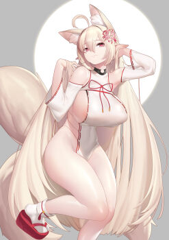 1girl :3 absurdres ahoge animal_ear_fluff animal_ears arm_up armpits bare_legs breasts bright_pupils casual_one-piece_swimsuit closed_mouth commission detached_sleeves extra_ears flower fox_ears fox_girl fox_tail geta grey_background hair_between_eyes hair_flower hair_ornament hands_in_own_hair highres l.wolf large_breasts leg_up long_sleeves looking_at_viewer multiple_tails one-piece_swimsuit original pointy_ears red_eyes red_flower red_ribbon ribbon ribbon-trimmed_sleeves ribbon-trimmed_swimsuit ribbon_trim sideless_swimsuit smile socks solo standing standing_on_one_leg swimsuit tabi tail two-tone_background white_background white_one-piece_swimsuit white_socks