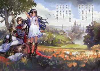 1boy 1girl armlet black_footwear black_hair blue_hair boots brown_eyes brown_hair chibi_(shimon) day dress floating_hair full_body hair_between_eyes hand_in_own_hair highres holding holding_sword holding_weapon jewelry long_hair multicolored_hair novel_illustration official_art oscar_(unnamed_memory) outdoors pants short_dress sitting sleeveless sleeveless_dress standing sword tinasha_(unnamed_memory) tree two-tone_hair unnamed_memory very_long_hair weapon white_dress white_pants wristband