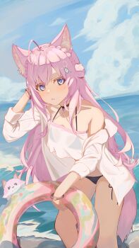 Rule 34 | 1girl, animal ear fluff, animal ears, antenna hair, bikini, bikini under clothes, black bikini, black choker, blue eyes, blue sky, bracelet, braid, choker, cloud, criss-cross halter, crop top, crown braid, day, feet out of frame, fox, hair between eyes, hair ornament, hakui koyori, halterneck, hand on own head, hand up, holding, holding swim ring, hololive, innertube, jacket, jewelry, light blush, long hair, looking at viewer, multicolored eyes, nazca (yhan mie), ocean, off shoulder, open clothes, open jacket, outdoors, parted lips, pink hair, pink tail, purple eyes, see-through clothes, side-tie bikini bottom, single bare shoulder, sky, sleeves rolled up, solo, standing, string bikini, swim ring, swimsuit, tail, very long hair, virtual youtuber, white jacket