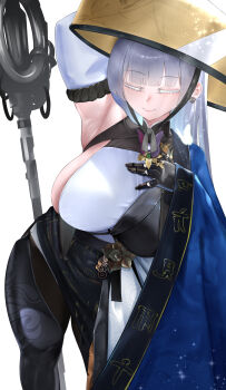 1girl absurdres armpits arms_behind_head arms_up asymmetrical_clothes breasts closed_mouth colored_eyelashes goddess_of_victory:_nikke grey_hair hat highres huge_breasts jingasa large_breasts long_hair mechanical_arms nayuta_(nikke) nipples pantyhose ryuvie shiny_skin sideboob single_mechanical_arm smile solo standing white_eyelashes wide_sleeves