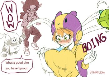 2girls bea_(brawl_stars) beafandraw blush bouncing_breasts brawl_stars breasts dark-skinned_female dark_skin freckles glasses green_eyes helmet jiggle leaves looking_at_breasts multiple_girls nose_blush open_mouth orange_hair robot rosa_(brawl_stars) round_eyewear shirt shoes signature smile sound_effects speech_bubble sprout_(brawl_stars) text_focus throwing white_background yellow_shirt