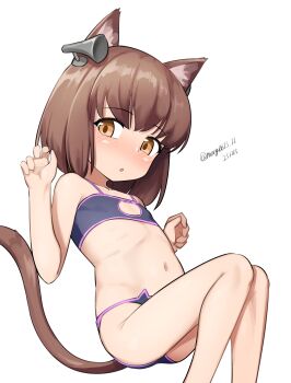 1girl absurdres animal_ears black_bra bra brown_eyes brown_hair cat_cutout cat_ear_panties cat_ears cat_lingerie cat_tail cleavage_cutout clothing_cutout dated feet_out_of_frame flat_chest headgear highres invisible_chair kantai_collection loli maru_(marg0613) one-hour_drawing_challenge panties simple_background sitting solo tail twitter_username underwear white_background yukikaze_(kancolle)