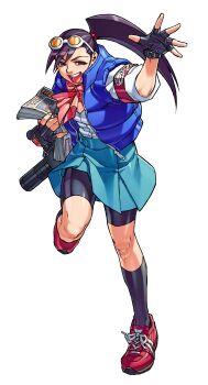 Rule 34 | 1girl, :d, armband, black gloves, blue skirt, blue vest, bow, brown eyes, camera, down vest, edaki shin'ya, eyewear on head, fingerless gloves, game cg, gloves, half-closed eyes, hand up, hibiki ran, highres, holding, holding camera, holding newspaper, justice gakuen, knee up, kneehighs, leggings under skirt, moero! justice gakuen, newspaper, non-web source, official art, open clothes, open mouth, open vest, outstretched hand, pink bow, ponytail, red shoes, running, shoes, simple background, skirt, sleeves rolled up, smile, sneakers, socks, solo, sunglasses, vest, white background