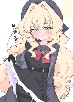 Rule 34 | 1girl, :d, beret, black gloves, black pantyhose, black serafuku, black shirt, black skirt, blonde hair, blue archive, blush, bow, clothes lift, commentary request, gloves, green eyes, grey hat, grey jacket, grey sailor collar, hair between eyes, halo, hat, highres, jacket, kujou karasuma, lifting own clothes, long hair, long sleeves, looking at viewer, open clothes, open jacket, open mouth, pantyhose, professor niyaniya (blue archive), red bow, sailor collar, school uniform, serafuku, shirt, simple background, skirt, skirt lift, smile, solo, thighband pantyhose, translation request, very long hair, watermark, white background