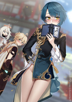 1girl 2boys aether_(genshin_impact) ahoge blonde_hair blue_hair blush book bottomless bulge exhibitionism genshin_impact highres holding holding_book ikemeru19 multiple_boys outdoors paid_reward_available paimon_(genshin_impact) patreon_username ponytail public_indecency testicle_peek testicles trap twitter_username white_hair xingqiu_(genshin_impact) yellow_eyes