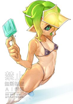 1girl armpits bikini black_bikini breasts colored_tongue emit_x food from_above from_side green_eyes green_hair green_tongue highres holding holding_food holding_popsicle inkling_girl inkling_player_character looking_ahead medium_hair navel nintendo open_mouth pointy_ears popsicle simple_background small_breasts solo splatoon_(series) stomach sweat swimsuit tan tanline thighhighs tongue tongue_out variant_set visor_cap white_background white_thighhighs