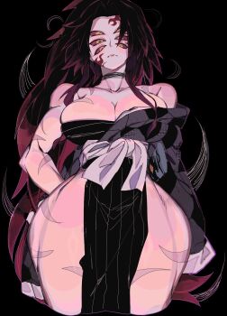 1girl arms_behind_back bare_shoulders black_background black_choker black_hair black_kimono breasts choker cleavage closed_mouth collarbone colored_sclera commentary cropped_legs curvy demon_girl extra_eyes facial_tattoo genderswap genderswap_(mtf) highres japanese_clothes kimetsu_no_yaiba kimono kokushibou large_breasts long_hair looking_at_viewer multicolored_hair narrow_waist pelvic_curtain red_hair red_sclera red_tattoo sash scar scar_on_arm scar_on_leg serious simple_background solo tattoo text_in_eyes thick_thighs thighs two-tone_hair usa37107692 white_sash wide_hips yellow_eyes