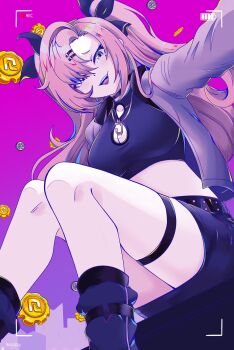 1girl absurdres black_ribbon black_shirt black_skirt breasts coin commentary commentary_request cropped_shirt english_commentary falling_money feet_out_of_frame from_below gold_coin green_eyes grey_jacket hair_between_eyes hair_ornament hair_ribbon hairclip highres jacket jewelry kurimako large_breasts long_hair looking_at_viewer miniskirt mixed-language_commentary mole mole_under_eye necklace nicole_demara open_clothes open_jacket open_mouth parallel_hairclips pink_hair purple_background recording ribbon shirt sitting skirt smile solo thigh_strap two_side_up viewfinder zenless_zone_zero