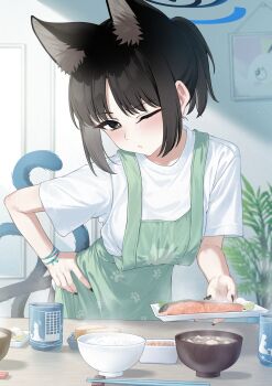 1girl absurdres animal_ears apron black_eyes black_hair blue_archive blue_halo cat_ears cat_tail commentary_request cooking food halo highres kikyou_(blue_archive) multiple_tails one_eye_closed pizza_(pizzania_company) shirt short_hair short_sleeves solo tail two_tails white_shirt