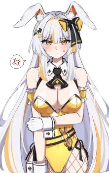 Rule 34 | 1girl, absurdres, anger vein, animal ears, arm garter, bare shoulders, black survival, bow, breasts, cleavage, closed mouth, covered navel, cowboy shot, detached collar, eternal return: black survival, fishnet pantyhose, fishnets, frown, gloves, hair bow, highleg, highleg leotard, highres, large breasts, leotard, long hair, looking at viewer, minami rio, minami rio (winning shot), multicolored hair, official alternate costume, pantyhose, playboy bunny, rabbit ears, side-tie leotard, solo, spoken anger vein, strapless, strapless leotard, streaked hair, sweat, taenyaki, very long hair, white background, white gloves, white hair, wrist cuffs, yellow eyes, yellow leotard